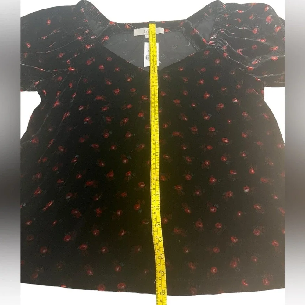 LOFT Floral Velvet Puff Sleeve Top Black & Red Sweetheart Neckline Women's Small